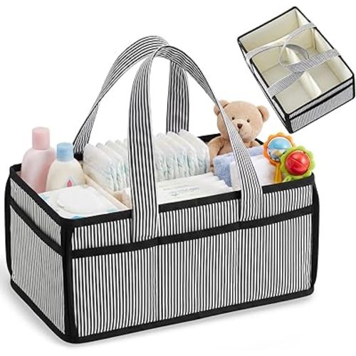 Huhumy Baby Diaper Caddy, Stripe Diaper Caddy Storage Organizer, Stylish Large Tote Bag for Newborn Essentials Nursery Storage Boy or Girl, Gift for Baby Shower and Registry Must-Have (Black)
