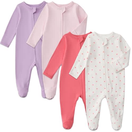 Aablexema Baby Footed Pajamas with Mitten Cuffs Zipper 4-Pack Infant Newborn Cotton Long Sleeve Outfit