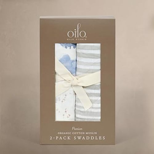 Oilo Premium Muslin Swaddle Blanket Set, Breathable 100% Turkish Cotton 4-Way Muslin, Soft Large Receiving Blanket (46" x 46"), 2-Pack, Girl, Boy, & Neutral Nursery Design, Misty Mountain & Ink Stripe
