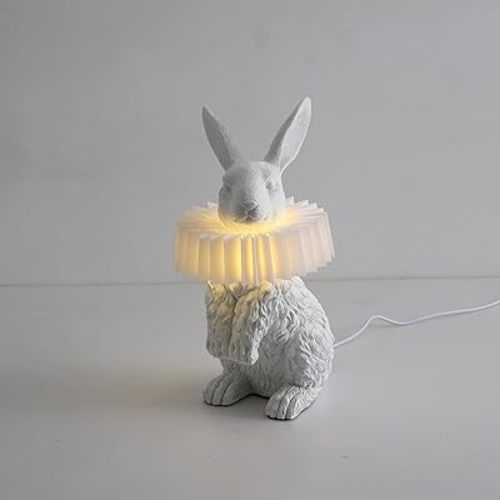 White Rabbit Lamp,Resin Crafted Scarf Bunny Table Lamp Featuring White Pleated PC Lampshade,USB Plug, Energy-Efficient Kids Nightstand Lamp