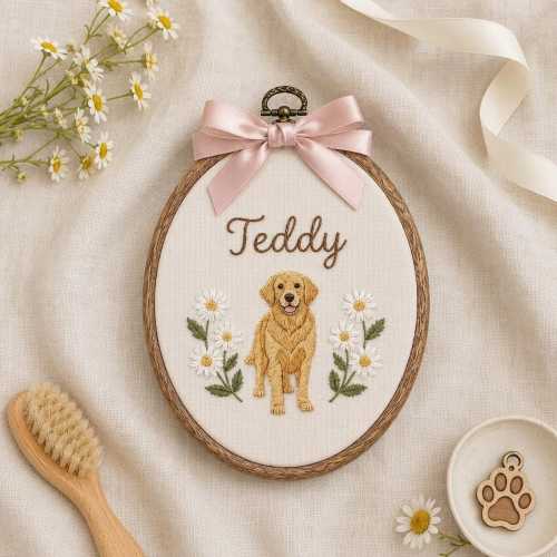 Embroidery Custom Golden Retriever Hoop, Personalized Dog Name Sign, Pet Portrait Wall Art, Dog Lover Gift, Custom Photo Dog Keepsake