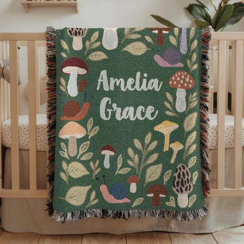 Personalized Mushroom Snails Baby Blanket Woodland Nursery Decor