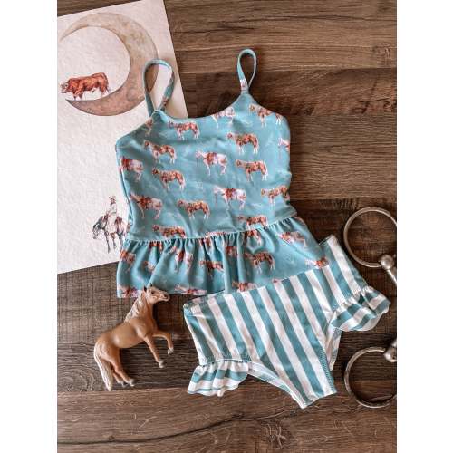Ranch Horse Two-Piece Swimsuit (Baby, Toddler, & Youth) - Dusty Blue