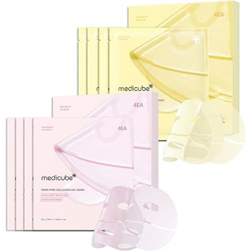medicube Color-Changing Jelly Mask Set For Uneven Skin Tone & Radiant Glow: Salmon DNA PDRN pink collagen jelly gel mask (4ea) and Kojic Acid Turmeric Brightening Gold Jelly Gel Mask (4ea)