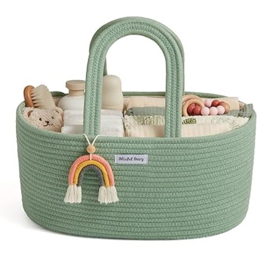 Blissful Diary Baby Diaper Caddy Organizer, Cotton Rope Diaper Caddy Basket, Oval Storage Basket, Gift for Baby Shower, Newborn Essentials, Green