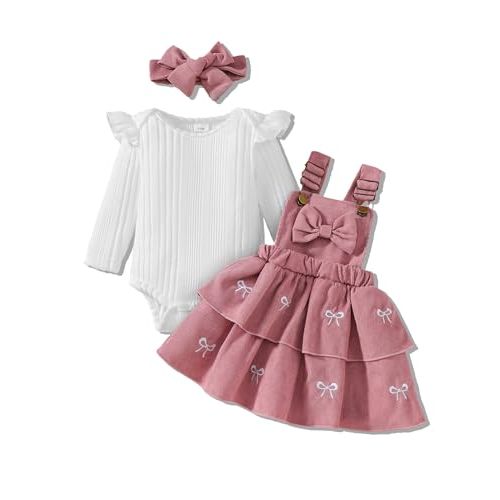 Baby Girl Spring Skirt Set Newborn Overall Dress Long Sleeve Ribbed Romper Suspender Skirts 3Pcs Outfits