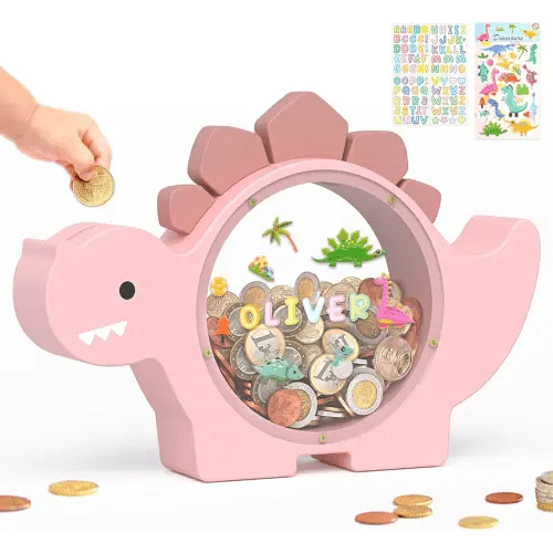 Summidate Wooden Dinosaur Piggy Bank for Kids Boys, Cute Wood Dino Money Bank for Toddlers, Creative Saving Coin Jar, Personalized Present for Child Birthday & Decor (Pink, Standard)