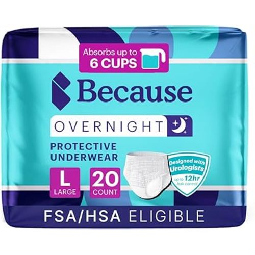 Because Overnight Absorbency Pull Ups - Adult Disposable Incontinence Underwear, Extra Absorbent Nighttime Briefs for Men and Women, White, Large, 20 Count