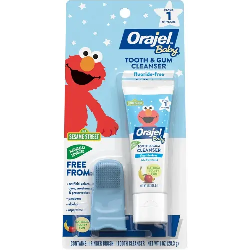Orajel Baby Elmo Tooth & Gum Cleanser Fluoride-Free, 1 Finger brush, 1 Toothpaste 1oz; #1 Pediatrician Recommended Fluoride-Free Toothpaste*