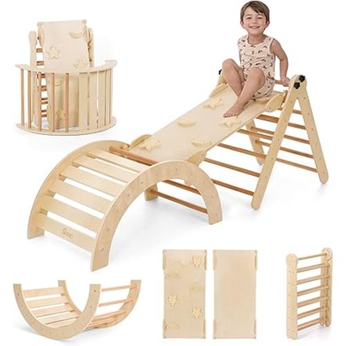 5 in 1 Pikler Triangle Set Climber, Toddler Climbing Toys Indoor, Wooden Montessori Climbing Set with Arch Ramp, Ladder & Rocker, Baby Indoor Climber Jungle Gyms for Toddlers Toy, Natural
