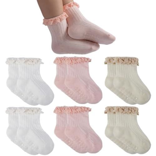 6 Pairs Baby Girl Ruffle Socks Non Slip Grips Cotton Frilly Ankle Crew Fancy Dress Socks for Newborn Infant Toddler