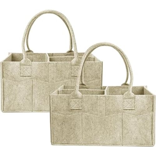 2 Pack Diaper Caddy Organizer, Portable Baby Caddy Organizer with Handle, Collapsible Nursery Storage Bin and Gift Baskets for Girls and Boys - Newborn Essentials, Baby Shower Gifts (Oatmeal)