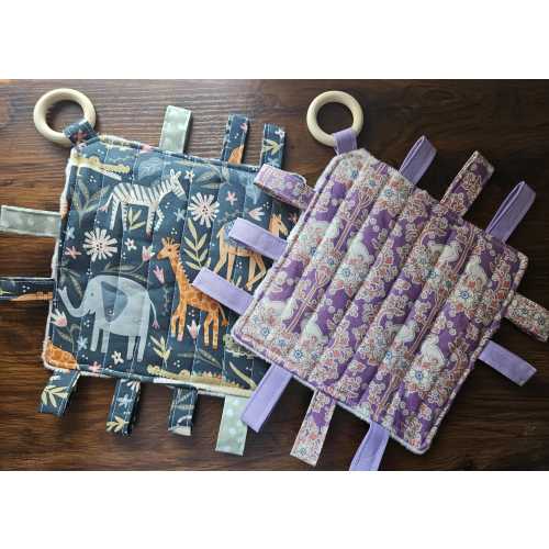 Quilted Cotton & Minky Baby Crinkle Toy with Wooden Teething Ring