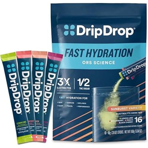 DripDrop Hydration Packets - Sunburst Variety Pack - Single Serve Electrolytes Powder Drink Mix - Lemon Lime, Strawberry, Peach, Black Cherry - Non-GMO, Gluten Free, Vegan - 16 Sticks