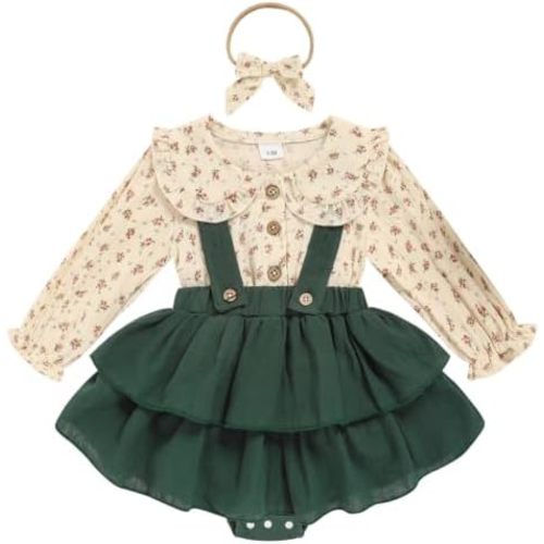 Baby Girl Fall Outfits Collar Floral Romper Suspender Skirt Bloomer Clothes