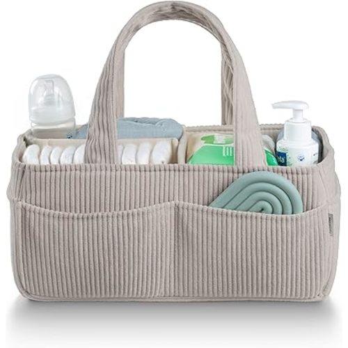 PUTSKA Baby Diaper Caddy Organizer for Changing Table – Stylish Nursery Storage Basket, Newborn Essentials, Baby Shower Gifts and Registry Must-Haves for Boy or Girl, Car Diaper Caddy, Corduroy Grey