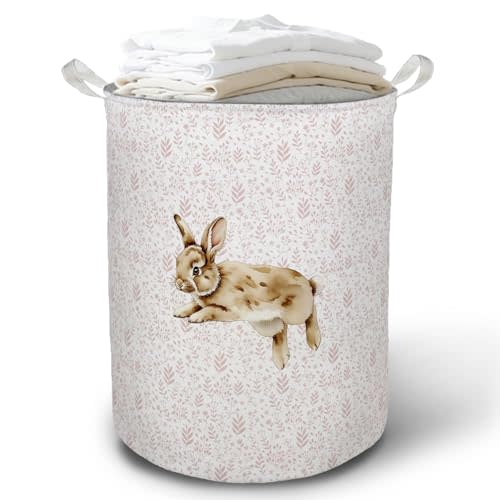 Pink Floral Bunny Laundry Basket Hamper, Bunny Nursery Decor, Pastel Wildflower Rabbit Foldable Clothes Toys Books Storage Box Bins Baskets Organizer for Girls Kids Bedroom Bathroom