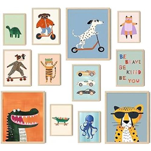 Aroutde 12Pcs Baby Nursery Room Decor, Cartoon Animal Playroom Canvas Wall Art Kids Transport Inspirational Quotes Posters Colorful Printing for Boys and Girls Room Decor（Unframed）