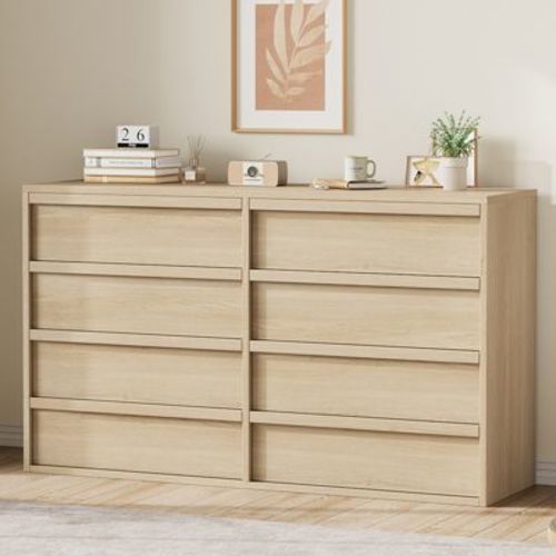Garvee 8 Drawer Dresser for Bedroom, 54" Natural Double Dresser Organizer with Concave Handle, Modern Chest of Drawer for Bedroom Living Room Nursery