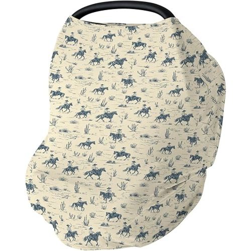 Vintage Western Cowboy Baby Car Seat Covers Retro Cowboy Cactus Horse Stretchy 5-in-1 Cover Adjustable Infant Carseat Canopy Cover Wild Desert Country Breathable Nursing Cover-Up