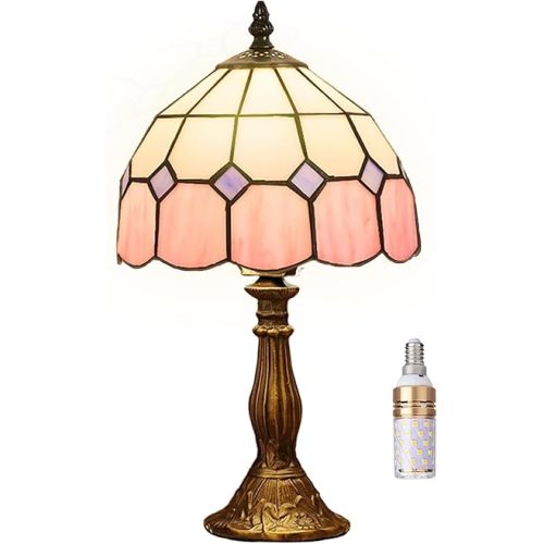 Table Lamp Tiffany-Style 8 Inch Mediterranean Series Stained Glass Lampshades Small Bedside Lamp Reading Antique Desk Light Livingroom Bedroom Office Vintage Art De(Color:Pink)