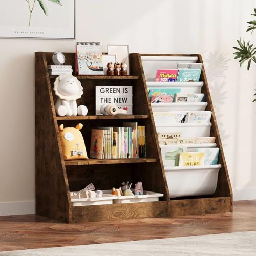 NACHES Montessori Kid Bookshelf Toddler Bookcase Cabinet Children Book Rack Display Toy Storage Organizer 4 Tier 5 Sling Deep Sleeves Classroom Bedroom Nursery Playroom Wood (Rustic)