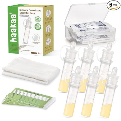 haakaa Colostrum Collector Kit Breast Milk Collector with Cotton Cloth Wipe and Storage Case, Ready-to-Use, Reusable, 4ml/6pcs