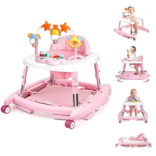 5 in 1 Baby Walker Foldable Music and Lights with 5 Adjustable Heights, Baby Walker with Wheels Portable, Infant Toddler Walker for Baby Boy Girls 6-18 Months (Pink)