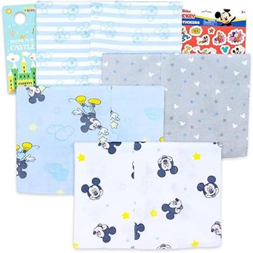 Mickey Mouse Burp Cloth Set - Bundle with 4 Disney Burp Cloths Clothing Protection for Baby Feeding Plus Stickers, More | Mickey Mouse Baby Accessories Set