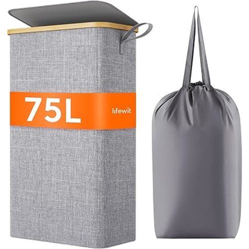 Lifewit 75L Slim Laundry Hamper with Lid, Narrow Laundry Basket with Removable Bag & Bamboo Handles, Fodable Thin Dirty Clothes Hamper for Laundry Collapsible Bin for Bathroom Bedroom Dorm, Gray