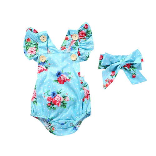 Odeerbi Baby Bodysuit Layette Set for Toddler Sleeveless Romper Flower Print Headband Two-piece Children's Clothing Blue