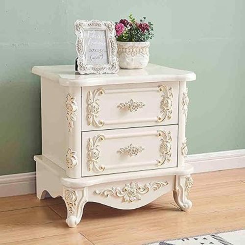 French Nightstand with 2 Drawers Storage, Gold Accents, French Style Bedside Table (Beige, 16" L×19" H / 40x48cm)