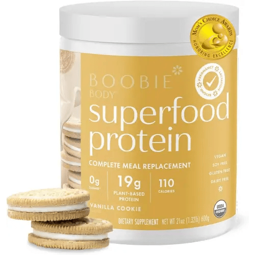 Boobie Body Superfood Protein Pregnancy and Postpartum Meal Replacement Shake, Vanilla Cookie Flavor | 19g Protein | Safe for Lactation & Motherhood | Organic, Vegan, Zero Sugar, 1 Tub (20 Servings)