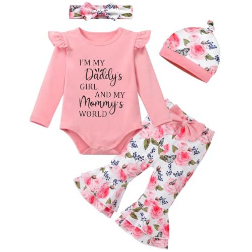 Resinta Newborn Baby Girl Fall Winter Romper Pants Set Headband Hat Outfits | 0-18 Months, Premium Cotton, Floral & Bow Designs, Complete 4 PCS Infant Long Sleeve Bodysuit Headband Hat Outfits Clothes