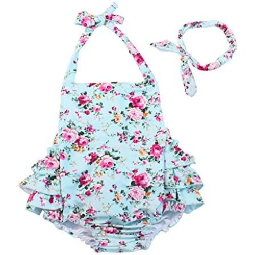 China Rose 50's Floral Ruffles Rompers Backless Dress Bathing Suit Swimwear