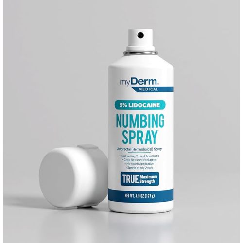Myderm Medical Numbing Spray - 4.5oz - Maximum Strength 5% Lidocaine with Phenylephrine HCl and Witch Hazel - Fast-Acting Reliever with A Touch-Free Application - First Aid Supplies - Made in USA