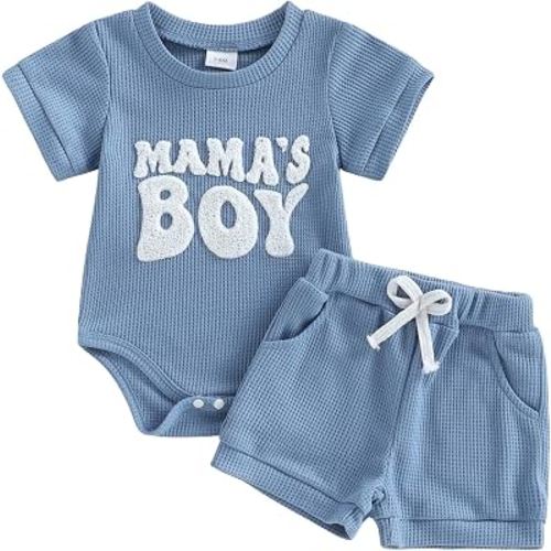 allshope Newborn Baby Boy Summer Outfit Set Dad Little Dude Embroidery Romper Jumpsuit Shorts Infant Waffle Clothes