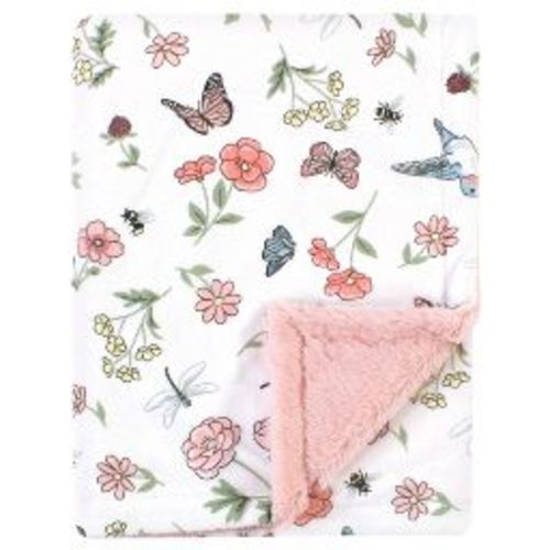 Hudson Baby Infant Girl Plush Blanket with Furry Binding and Back, Hummingbird Garden, One Size