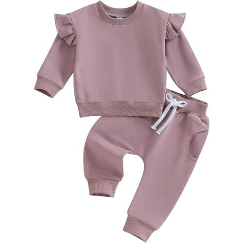Fernvia Toddler Baby Girl Clothes 3 6 9 12 18 24 Months Fall Outfits Solid Long Sleeve Sweatshirt Tops + Pants Set