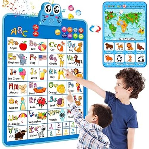 Electronic Interactive Double-Sided Alphabet Wall Chart, Talking ABC & 123 & Music & Learning Poster, Educational Toddlers Toys for Ages 3-4 Kids Gift, Best for Preschool Boys & Girls(Blue)