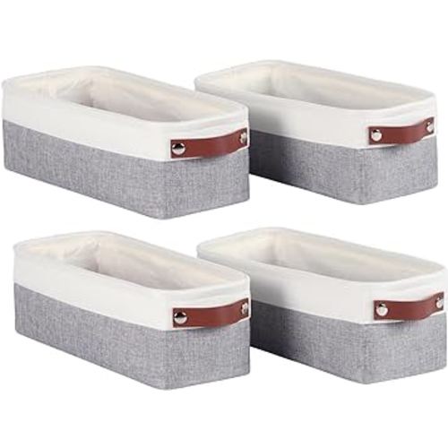 Univivi 4PC Small Fabric Storage Bins,15x6x5 inch Long Narrow Storage Baskets with PU Handles for Closet,Cabinet,Countertop Organizing Small Items (Gray,15x6x5 inch)