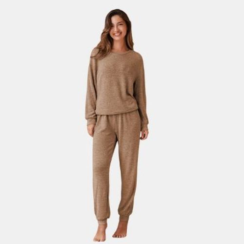 Cupshe Women's Cozy Cloud Gray Long Sleeve Pants Pajama Set-M-Brown
