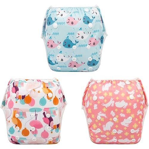 Babygoal Baby & Toddler Girl and Boy Swim Diapers, Reusable Adjustable Washable One Size Fits 6M-3T Gifts and Swimming Lessons 3 Pack 3ZSD08