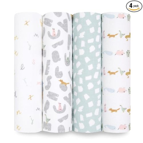 aden + anais Essentials Cotton Muslin Swaddle, Breathable Baby Blanket, Ideal for Boys, Girls, Newborns, Babies & Infants, Receiving Blanket, Soft and Lightweight Wrap, 4 Pack, Alphabet Animals