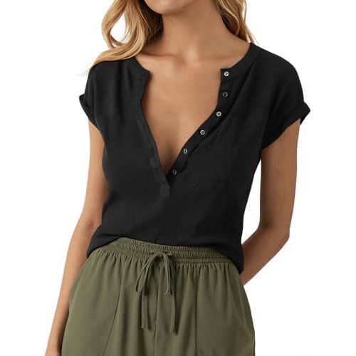 Tankaneo Women Deep V Neck Low Cut Tops Casual Ribbed Knit Henley T-Shirts Summer Short Sleeve Tees