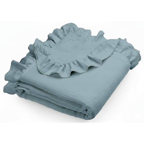Muslin Ruffled Baby Blanket, Extra Large 52 x 52 Inches, Soft Breathable Cotton Crib Blanket for Newborn Infant Toddler (Costume Blue-Ruffled, Printed)