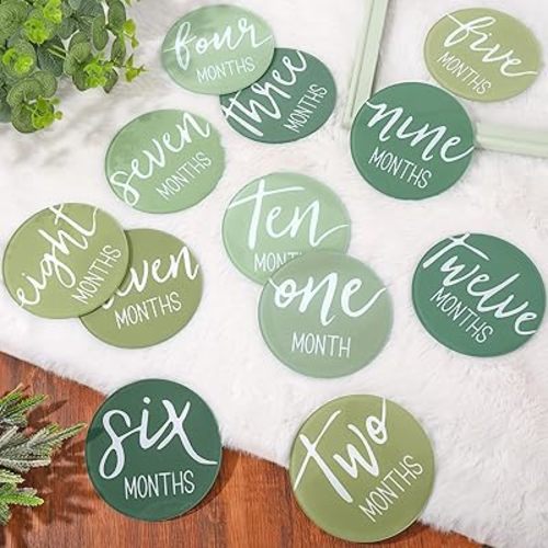 12Pcs Baby Monthly Milestone Cards Cursive Script Acrylic Marker Discs Green Announcement Sign Newborn Photography Props for Pregnancy Baby Shower Party Gift Supplies