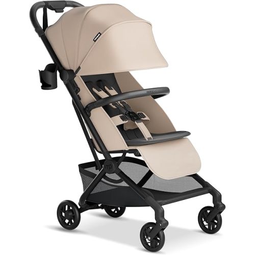 Mompush Velo Lightweight Travel Stroller, Compact & Airplane-Friendly for Baby and Toddler, Lie-Flat Seat, One-Hand Fold, with Leather Bumper Bar, Shoulder Strap, Raincover, Storage Bag & Cup Holder
