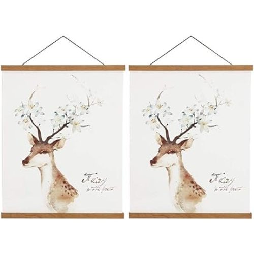 2 Pack Magnetic Poster Hanger Frame, 16x24 16x22 16x20 Light Wood Wooden Magnet Canvas Artwork Print Dowel Poster Hangers Frames Hanging Kit (Teak Wood, 16", 2 Packs)