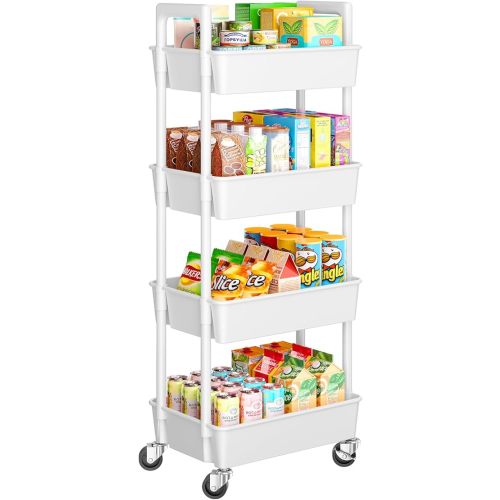 Pipishell 4 Tier Rolling Cart Organizer, Plastic Rolling Cart with Lockable Wheels & Reinforced Handle, Lightweight Utility Cart Storage Cart for Nursery, Kitchen, Bathroom, Craft Room, White, PIUC15W